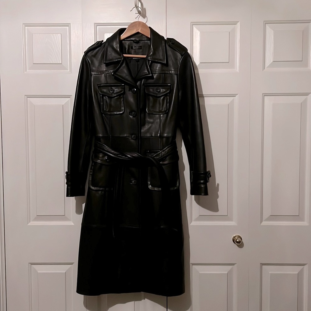Black leather trench coat by Wilson’s Leather, size medium